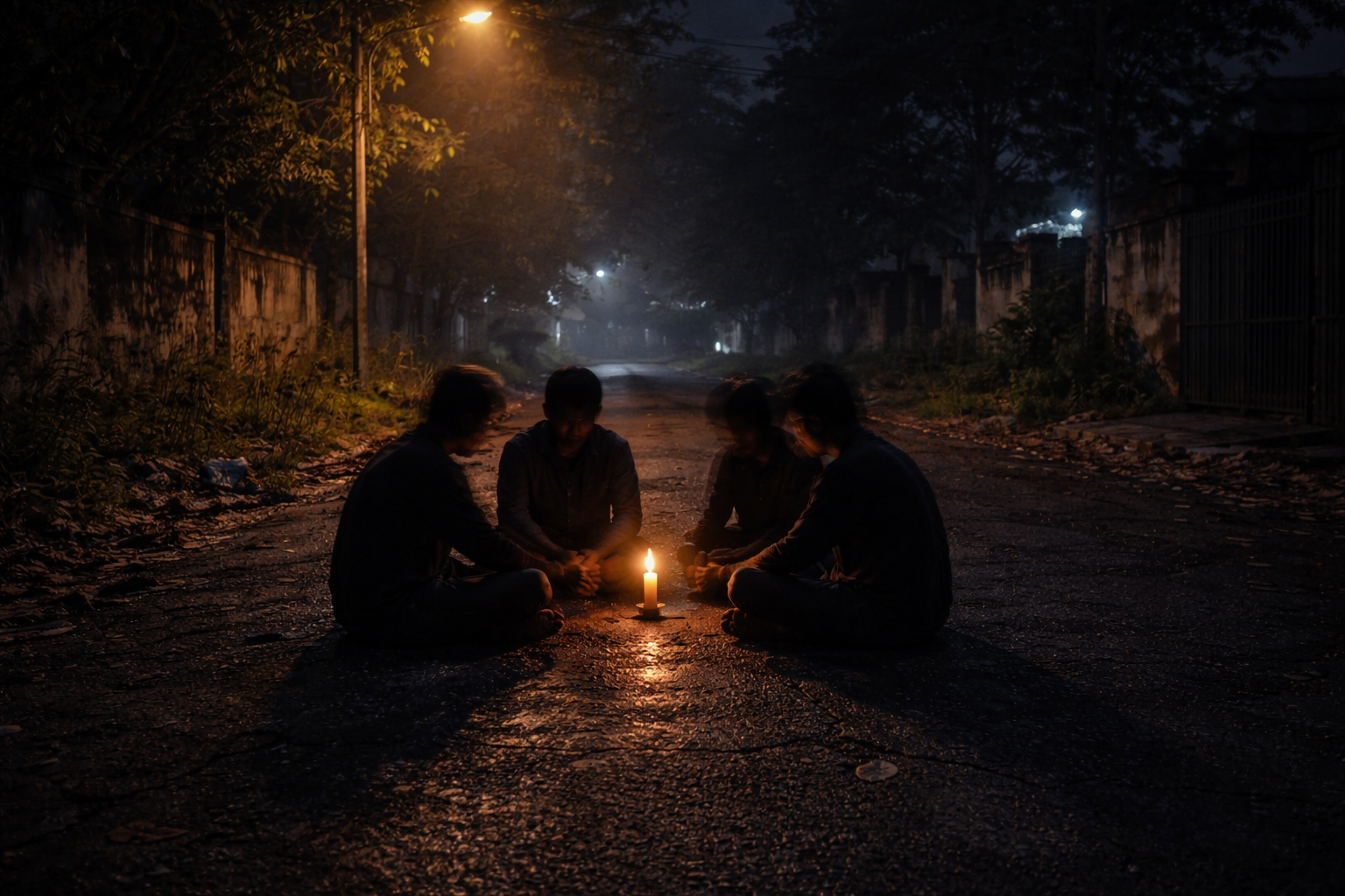 four men with a candle in GP Block Haunted Scene